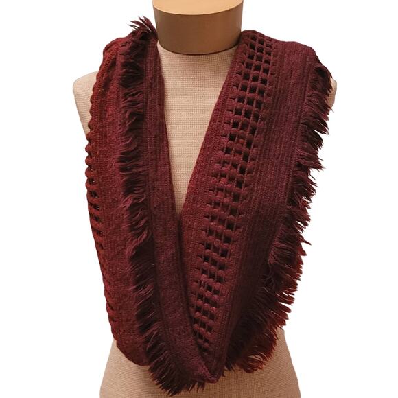 Mixit Acrylic Knit Fringed Boho Infinity Scarf Maroon Orange Large - Picture 1 of 5
